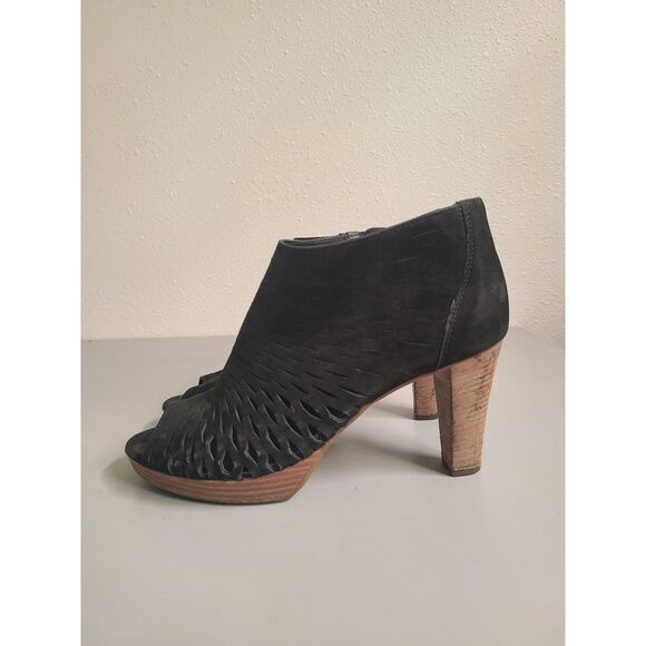Paul Green Black Laser Cut Bootie Ankle Boots High Heels US 6.5 Peep Toe Suede - Picture 7 of 7